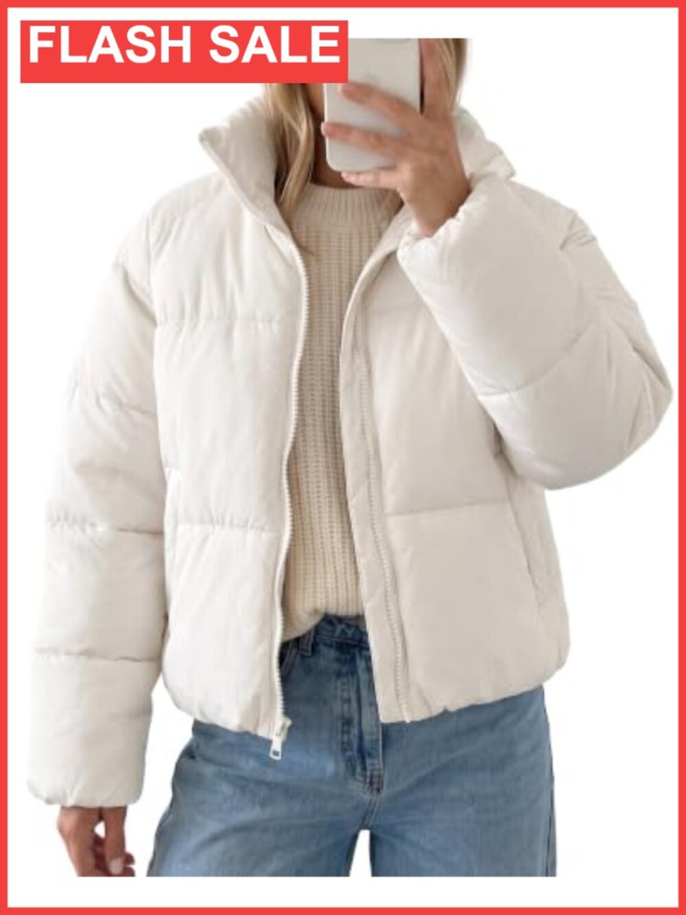 Cropped Quilted Puffer Jacket Zip Front Oversized Winter Coat